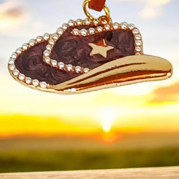 Faux Leather Cord Cowboy Hat Charm Choker Necklace Cowgirl Western Southwestern - Picture 2 of 12